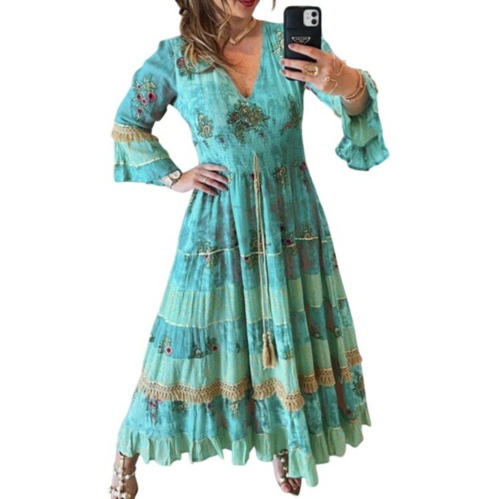 Zury Boho Maxi Dress Teal Floral Smocked Waist Fringe Bell Sleeve Small
